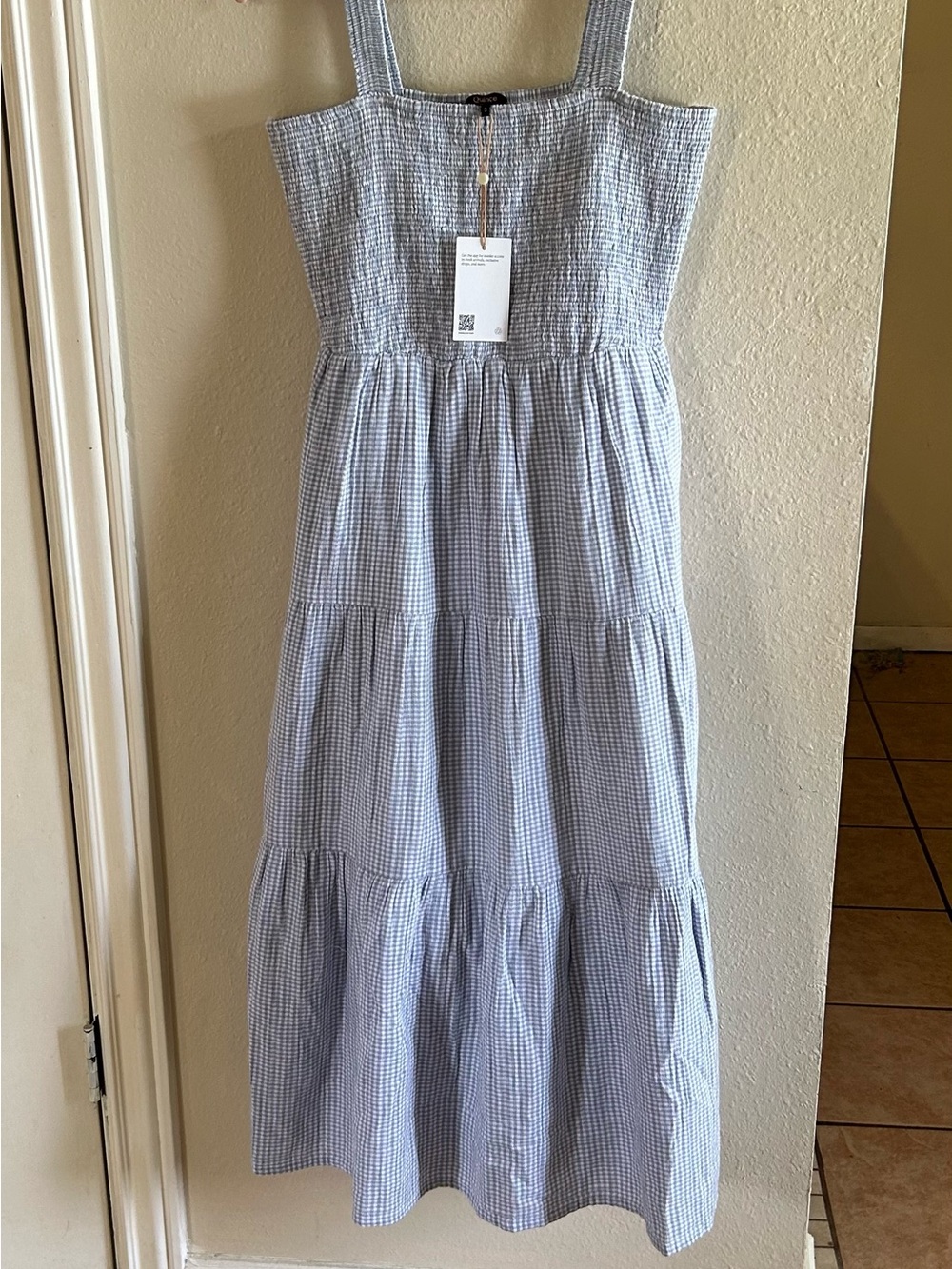 NWT Quince Organic Cotton Light Blue Gingham Tiered Ruffled Dress Small